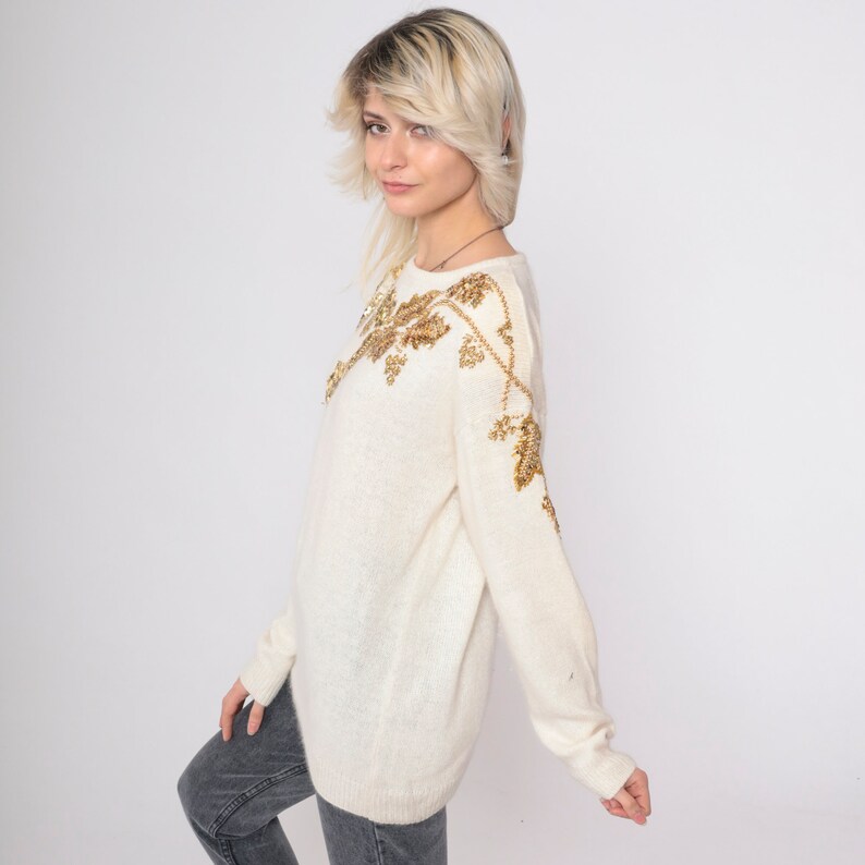 Cream Sequin Sweater 80s Beaded Silk Angora Wool Sweater Gold Leaf Slouchy Pullover Jumper Sweater 90s Vintage Party Holiday Sweater Medium image 4