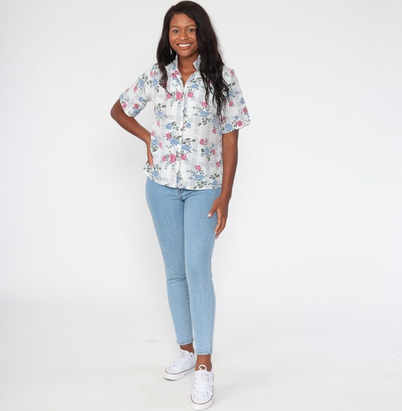 Button up Shirt Floral Blouse 80s Top Short Sleeve Shirt - Etsy