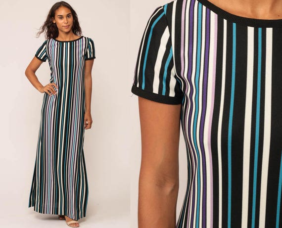 Long Striped Dress 1970s Maxi Mod Vintage High Slit 70s Boho Hippie Bohemian Column Short Sleeve Black Blue Vertical Stripe Small