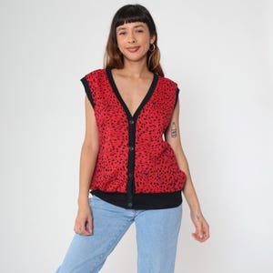 80s Red Leopard Vest Top Vintage Abstract Animal Print Blouse Sleeveless Shirt 1980s V Neck Shirt Cheetah Print Button up Retro Large L
