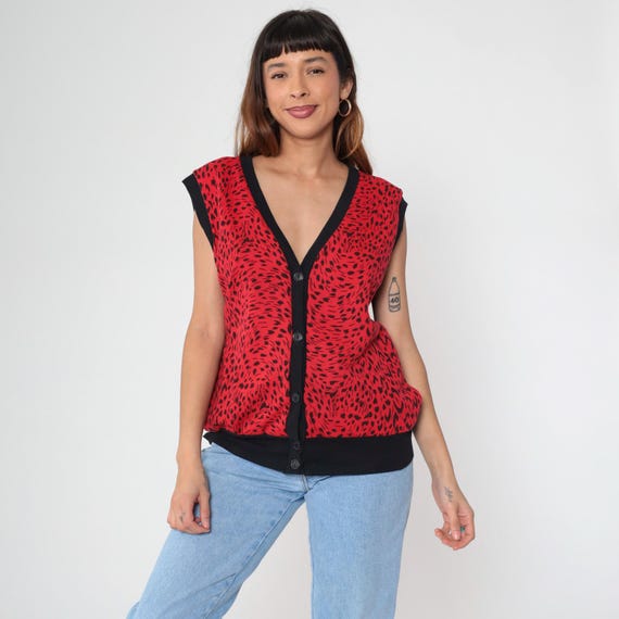 80s Red Leopard Vest Top Vintage Abstract Animal Print Blouse Sleeveless Shirt 1980s V Neck Shirt Cheetah Print Button up Retro Large L