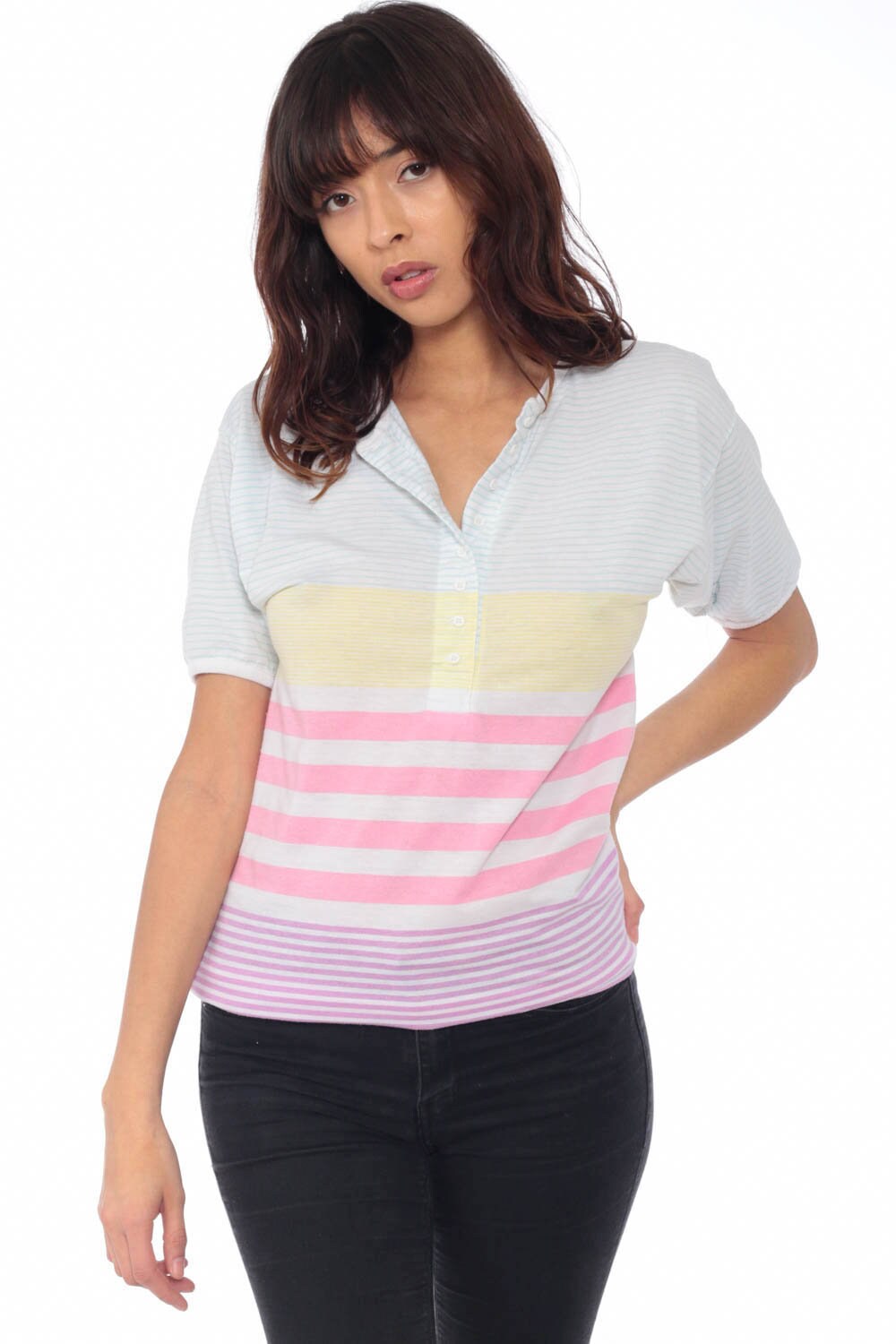 women rainbow striped shirt