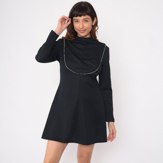 Black Party Dress 70s Rhinestone Bib Mini Dress Long Sleeve Evening Cocktail Formal Shift Dress Minidress Sparkly Vintage 1970s Medium M