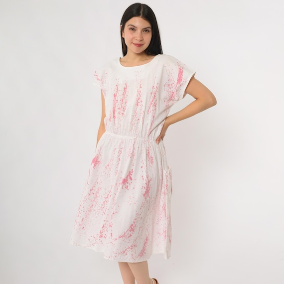 Splatter Print Dress 90s White Pink Short Sleeve Elastic Waist Pockets Midi Length Abstract Art Day Party Summer Garden Dress Casual Small S