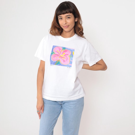 Hawaii T-Shirt 90s Hawaiian Hibiscus Flower Shirt Tropical Floral Graphic Tee Surfer Tourist TShirt Single Stitch White Vintage 1990s Medium