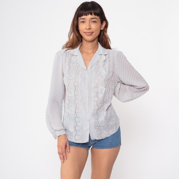 Eyelet Blouse 70s Gray Embroidered Sheer Diamonds of California Vintage Button Front Floral Cutout Long Sleeve Collared Disco Shirt Medium