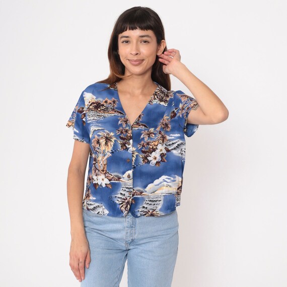 Blue Hawaiian Shirt Y2k Ukulele Tropical Button U… - image 3