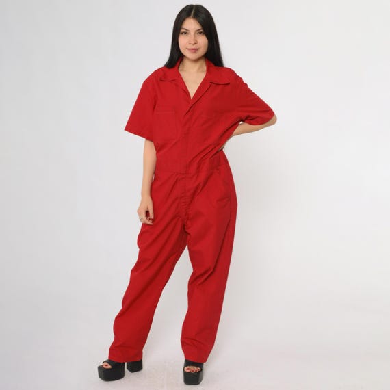Red Dickies Jumpsuit 80s Short Sleeve Zip Up Snap Button Elastic Waist Vintage One Piece Coveralls Workwear Boilersuit Medium M 42