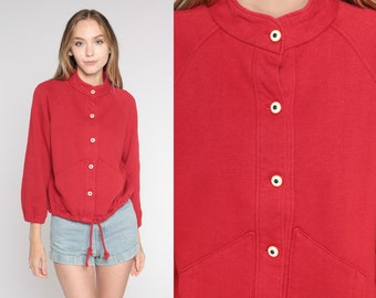 Red Cardigan Sweatshirt 90s Button Up Sweatshirt Sporty High Neck Sweater Plain Retro Raglan Sleeve Athleisure Streetwear 1990s Small S