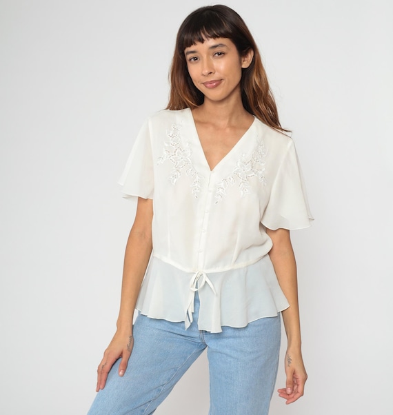 90s White Cutout Blouse Embroidered Floral Eyelet Button Front Tie Waist Peplum Prairie Cottagecore Summer Peasant Romantic Vintage Large L
