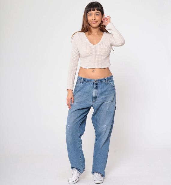 00s Wrangler Jeans y2k Workwear Hammer Loop Ripped Faded Straight Leg Relaxed Denim Pants High Rise Boyfriend Jeans Vintage 36 x 30 Medium