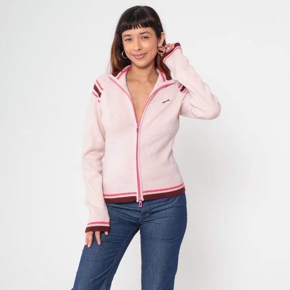 Le Tigre Sweater Y2K Pink Zip Up Cardigan Logo Athletic Vintage Striped Trim Preppy 2000s Sporty Knit Pink Cardigan Athletic Large L
