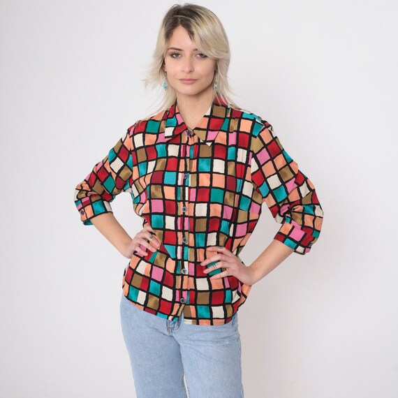 Checkered Blouse 90s Button Up Shirt 3/4 Sleeve Red Pink Turquoise Check Print Top Vintage Preppy Collared Color Block Extra Large xl 16