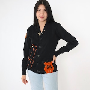 Vintage Black Varsity Cardigan 50s Wool Letterman Sweater Chenille W Patch Wilson 1950s Cheer Band Sweater Button Up Small 34