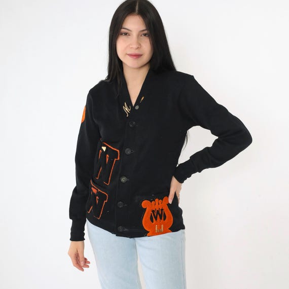Vintage Black Varsity Cardigan 50s Wool Letterman Sweater Chenille W Patch Wilson 1950s Cheer Band Sweater Button Up Small 34