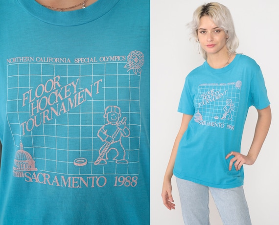 Northern California Special Olympics Shirt 1988 Floor Hockey Tournament TShirt Sacramento California Graphic Blue Vintage 1980s Small Medium