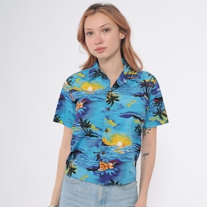 90-tals Hawaiiskjorta Royal Creations Tropisk havssolnedgång palmblå gul orange bomull kortärmad strandsemester vintage liten S
