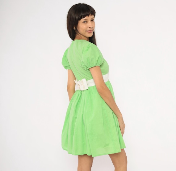 70s Lime Green Mini Babydoll Puff Sleeve Dress  Cotton Polka Dot White Bow Waist Band Crew Neck  Vintage Cottagecore Coquette Frock Small S