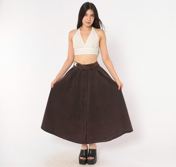 80s Burgundy Cotton Skirt Wine Brown Button Front A Line High Waist Pockets Gathered Full Sweep Dark Academia Womens Vintage Small S