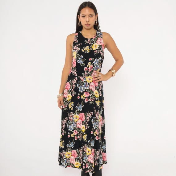 90s Dark Floral Maxi Dress Black Pink Rose Print Sleeveless Garden Party Summer Cottagecore Prairie Yellow Blue Flower Vintage Medium M