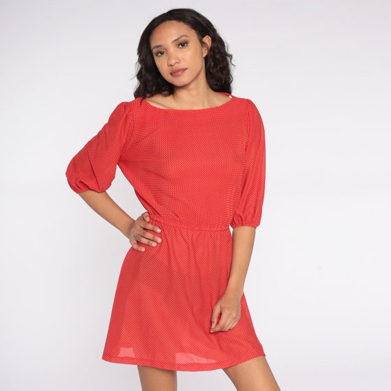 Red Mini Dress 80s Polka Dot Dress PUFF SLEEVE Dress Semi-Sheer 1980s High Waisted Vintage Slouchy 1980s Secretary Slouch Minidress Medium