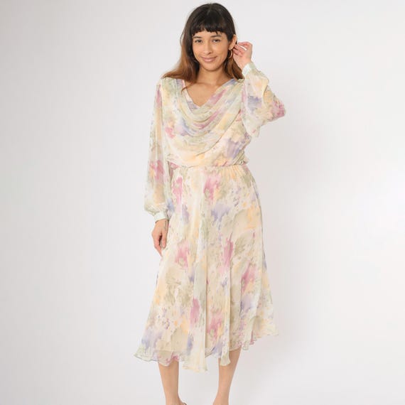 Vintage Floral Chiffon Dress 80s Pastel Watercolor Print Long Sleeve Cowl Neck Midi 1980s Sheer Boho Romantic Lightweight Bohemian Medium M