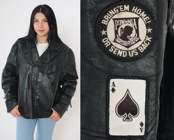 Vintage Black Leather Jacket 90s Motorcycle Bomber Jacket POW MIA Patch Zip Up Biker Moto Coat Cafe Racer Rocker 1990s Medium M