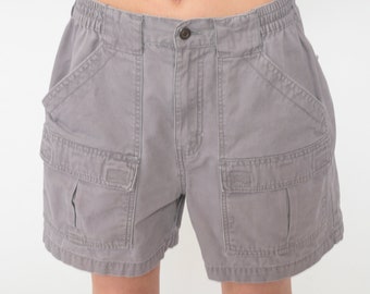 Pantalones cortos cargo grises de los años 90, pantalones cortos utilitarios con cintura elástica, pantalones cortos estilo skater retro para senderismo, cintura alta, estilo vintage de los años 90, algodón, para hombre, talla 34 mediana