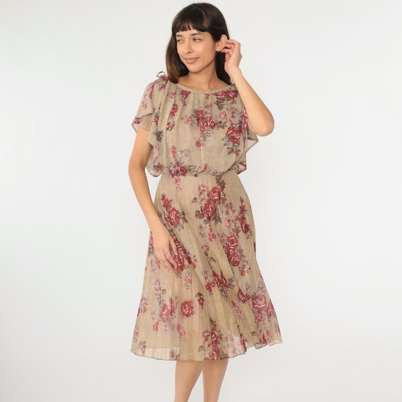 70s Floral Dress Taupe Midi Blouson Split Flutter Sleeve Vintage Boho Pleated Rose Print High Waisted Hippie Bohemian Small
