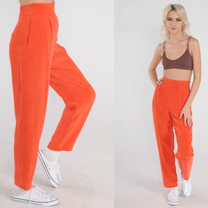 Orange Silk Pants 90s Tapered Trousers High Waisted Rise Pleated Summer Slacks Retro Boho Simple Basic Light Vintage 1990s Extra Small XS