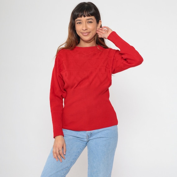 80s Red Textured Sweater Geometric Zig Zag Striped Slouchy Knit Sweater 1980s Ribbed Jumper Vintage Plain Normcore Retro Small Medium