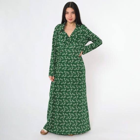 70s Football Print Robe Dress Vintage Maxi Loungewear Wrap Dressing Gown Green Novelty Print Boho Lounge Wear Sports Retro Medium Large