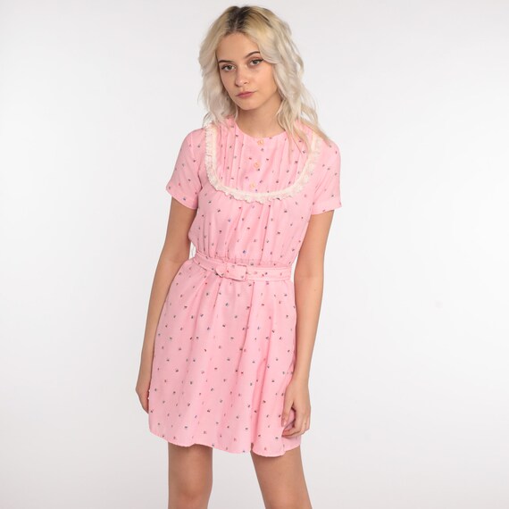 Pink Bib Dress 70s Dress Lace Abstract Butterfly Print Boho Sleeveless Mini Belted 1970s Bohemian High Waist Vintage Hippie Extra Small xs