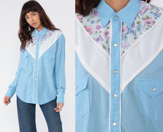 Western Butterfly Blouse 80s Floral PEARL SNAP Shi