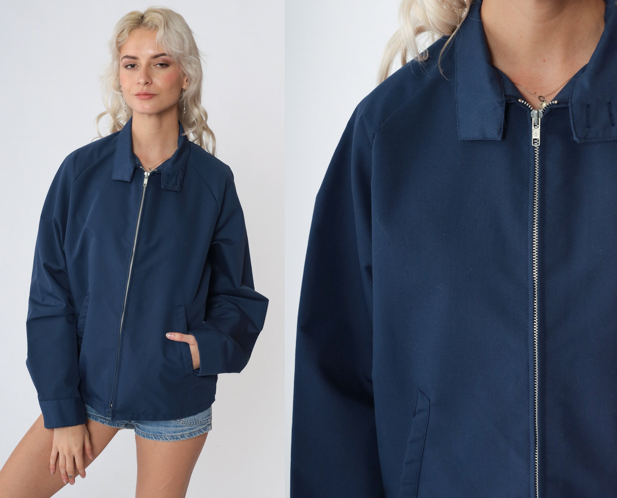 Navy Blue Windbreaker 80s Zip up Jacket Plain Retro Work Wear