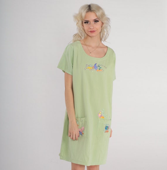Beach Dress Y2k Green Mini Dress Embroidered Fish Starfish Shell Coral Short Sleeve Rhinestone Shift Summer Day Cotton Vintage 00s Medium M
