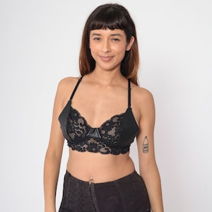 Black Leather Bra 90s Scalloped Lace Bra Sheer Underwire Bra Festival Biker Goth Club 1990s Vintage 36 D