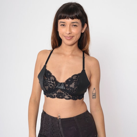 Black Leather Bra 90s Scalloped Lace Bra Sheer Underwire Bra Festival Biker Goth Club 1990s Vintage 36 D