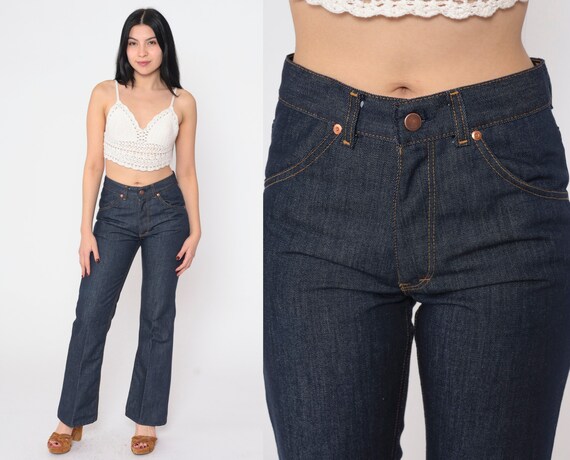 80s Flared Jeans Blue Dark Wash Denim Jeans Mid Rise Waist Flare Leg Bootcut Jeans Retro Denim Streetwear Rodeo Vintage 1980s Small S 29