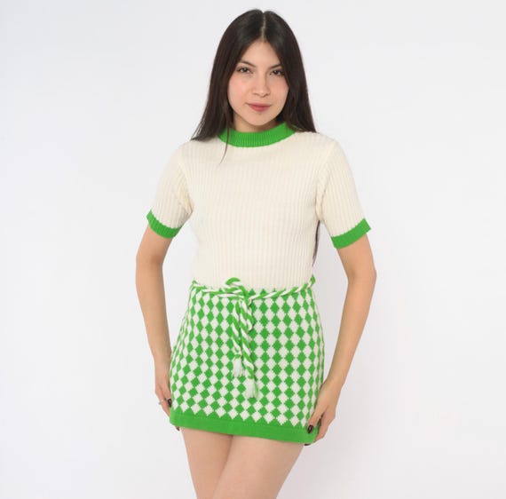 70s Knit Micro Mini Dress Green White Diamond Argyle Sweaterdress Short Sleeve Cream Mod Go Go Dancer Preppy Tennis Vintage Extra Small XS