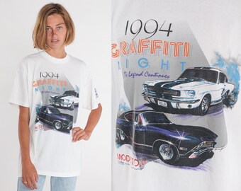 Hot Rod Shirt 90s Classic Car T-Shirt 1994 Graffiti Night Rally Graphic Tee Modest California TShirt Single Stitch White Vintage 1990s XL