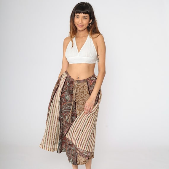 Vintage Floral Prairie Skirt 70s Brown Paisley-Esque Patchwork Striped Hippie Skirt Midi 1970s Boho Bohemian High Waist Peasant Small 6