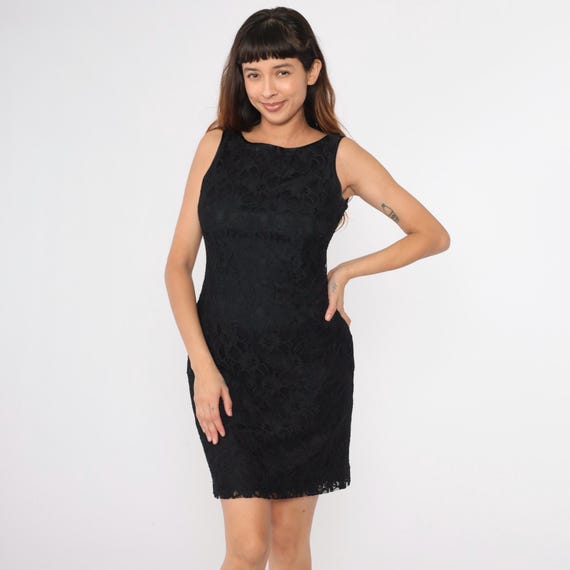 Vintage Black Lace Dress 90s Party Dress Mini Pencil Dress Sleeveless Sheath Cocktail Simple LBD 1990s Medium 8