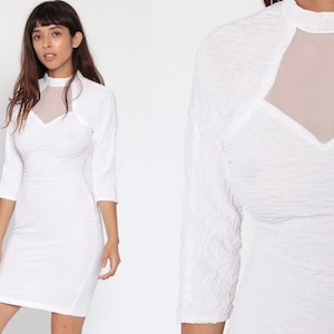 White Bodycon Dress 90s Mini Dress CUTOUT Back Choker 1990s Long Sleeve White Semi Sheer Party Cocktail Dress Clubbing Mini Vintage Small image 1