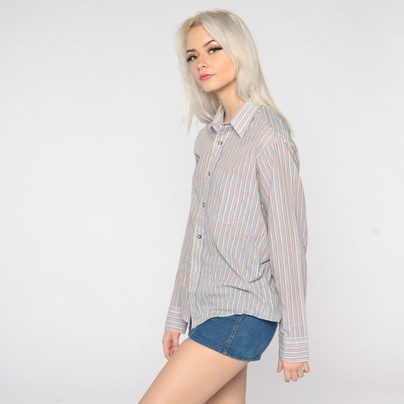 Rainbow Striped Blouse 80s Cotton Top Button Up S… - image 6