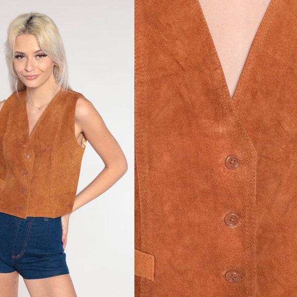 80s Suede Vest Brown Boho Suede Leather Vest Southwestern 1980s Button Up Bohemian Vintage Small