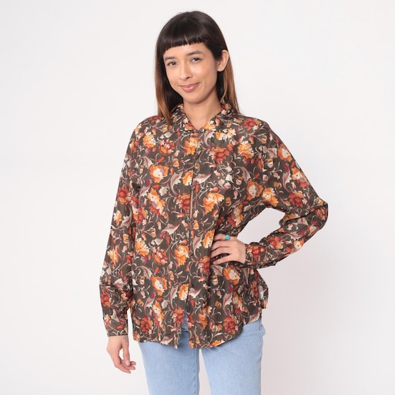 Floral Silk Blouse 90s Brown Orange Rust Cream Autumn Long Sleeve Button Front Vintage Shirt Fall Colors Dark Academia Alternative Medium M