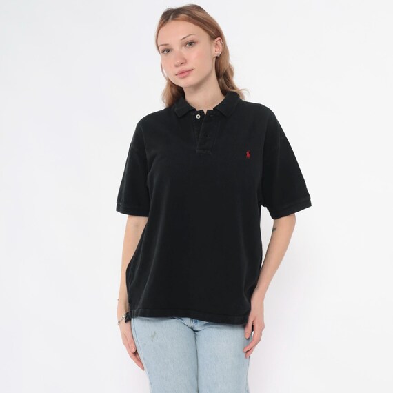 90s Ralph Lauren Polo Shirt Black Cotton Short Sleeve Button Front Preppy Classic Top Red Embroidered Golf Tennis Vintage Casual Medium M