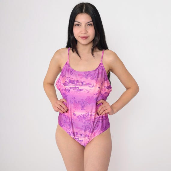 90s Hawaiian Swimsuit One Piece Floral Bathing Suit Purple Tropical Swim Suit Retro Low Back Ombre Pink Vintage 1990s Large L 14