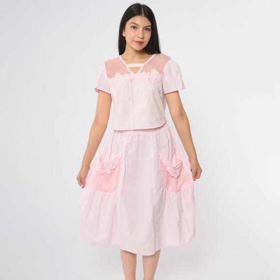 Pink Two Piece Set 90s Crop Top Fishnet Detail Midi Skirt Cotton Vintage  Pastel Kawaii  Mesh Overlay Embroidered Cute Fairy Core Soft Small